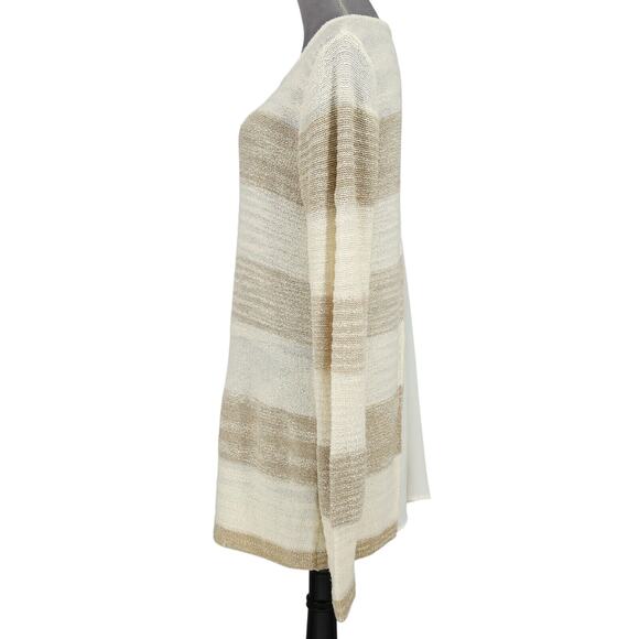 Calvin Klein Sweater Womens Large Ivory Beige Stripe Chiffon Back Pleat Pullover - Picture 11 of 13